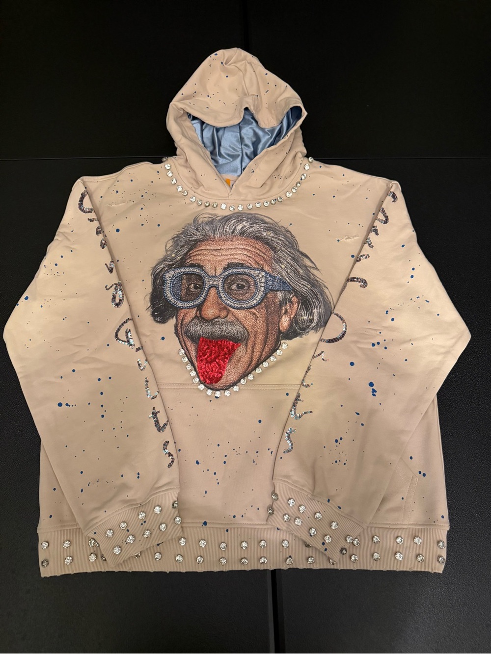 Beige sz Small  Embellished Graphic Hooded Sweater - Einstein Tongue Motif